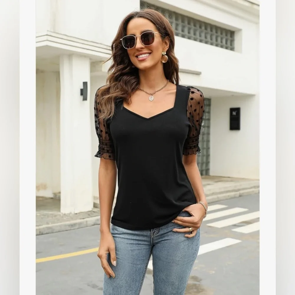 Women’s Puff Sleeve Top Sweetheart Neckline Dressy Casual Short Sleeve Shirt - Picture 3 of 4